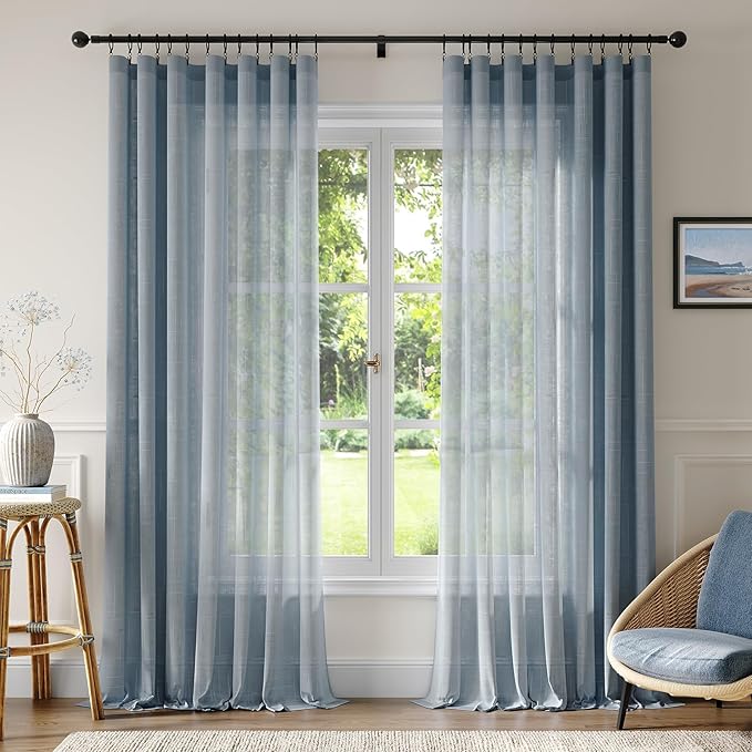 Anmao Natural Linen Curtains for Living Room 90 Inch Length 2 Panels Set, Light Filtering Semi Sheer Window Curtain Drapes for Bedroom with Curtain Rings and Clips, 52 Inch Wide Each Panel, Haze Blue