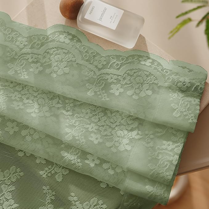 Anmao Vintage Sage Green Lace Curtains 96 Inches Long 2 Panels Sets, Romantic Light Filtering Semi Sheer Floral Thick Lacy Curtain Drapes for Living Room and Bedroom, Each Panel 55W x 96L, Sage Green