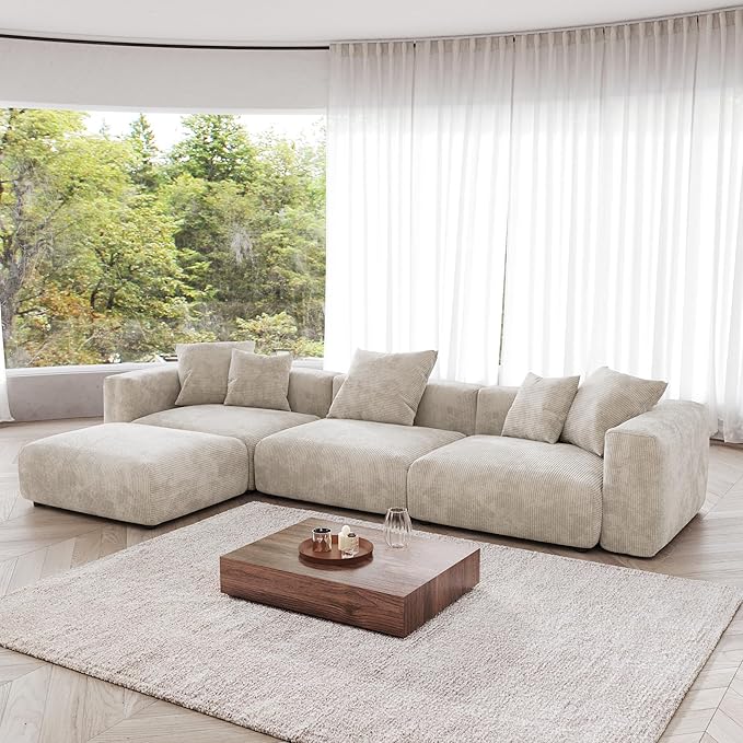 JACH Sectional Couch with 5 Pillows, Luxurious Modular Sectional Couch with Chaise Ottoman, Cushion Covers Removable, Corduroy Modern Soft Couches for Living Room, Office (Beige)