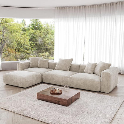 JACH Sectional Couch with 5 Pillows, Luxurious Modular Sectional Couch with Chaise Ottoman, Cushion Covers Removable, Corduroy Modern Soft Couches for Living Room, Office (Beige)