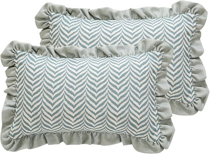 ISAENNE Design Linen Throw Pillow Covers 12"x20" Pack of 2, Rectangle Minimalist Cushion Covers with Powder Blue Chevron Leaves Pattern Decoration Pillowcases for Bed,Living Room,Outdoor,Car