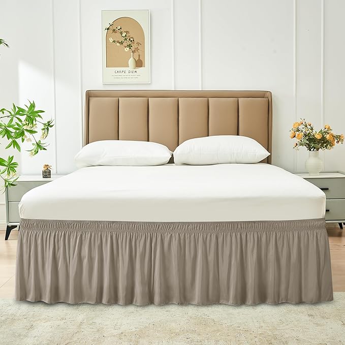 Biscaynebay Wrap Around Bed Skirts for King & Cal King Beds 18" Drop, Taupe Adjustable Elastic Dust Ruffles Easy Fit Wrinkle Resistant Silky Luxurious Fabric Machine Washable