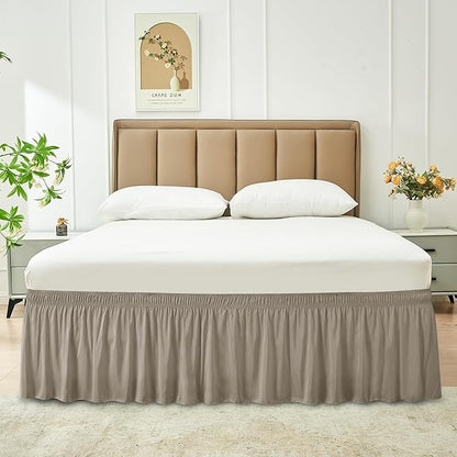 Biscaynebay Wrap Around Bed Skirts for King & Cal King Beds 18" Drop, Taupe Adjustable Elastic Dust Ruffles Easy Fit Wrinkle Resistant Silky Luxurious Fabric Machine Washable