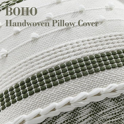 Boho Pillow Cover 18x18 Olive Green - Handmade Woven Textured Throw Pillow Case with Cordings & Tassels, Decorative Accent for Couch Sofa Farmhouse Living Room Home Decor