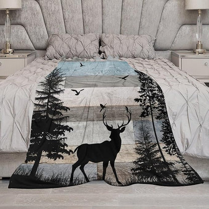 Rustic Deer Throw Blanket, Retro Cabin Farmhouse Country Lodge Blue Brown Wooden Board Wild Forest Animals Deer Bird Print Warm Cozy Blanket for Bed Couch Sofa Travel, 60"x80"