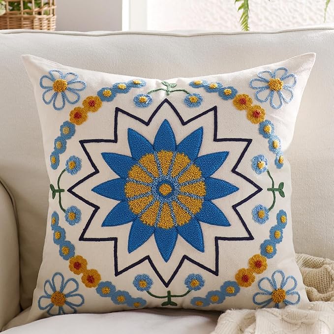Embroidered Throw Pillow Cover 22x22 Classic Boho Floral Pattern Pillows Cover Outdoor Decorative Pillowcase,Durable Cozy Textured Cushion Case for Sofa Couch Bed Living Room,Blue Orange