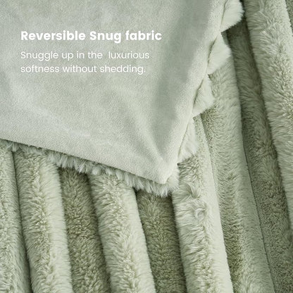 Cozy Bliss Faux Fur Throw Blanket for Couch, Cozy Warm Plush Striped Blanket for Sofa Bedroom Living Room, 60 * 80 Inches Sage Green