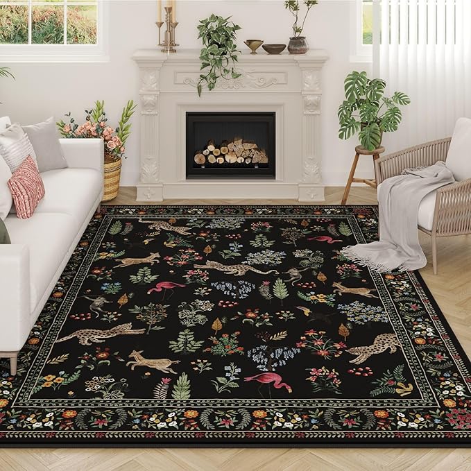 Rugcomf Area Rugs 8x10 Rug for Living Room Clearance Washable Boho Area Rug Non Slip Floral Animal Vintage Low Pile Large Rug for Living Room, Bedroom, Farmhouse, Dining Room, Kids Playroom (Black)