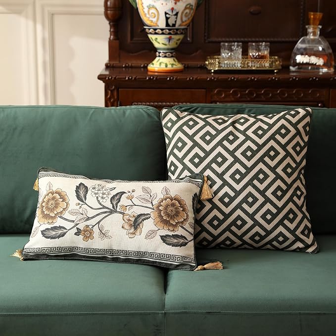 ISAENNE Design Linen Chinoiserie Rectangle Throw Pillow Covers 12"x20" Pack of 2, Farmhouse Cushion Covers with Yellow Floral Birds Pattern Decoration Pillowcases for Bed,Living Room,Outdoor,Car