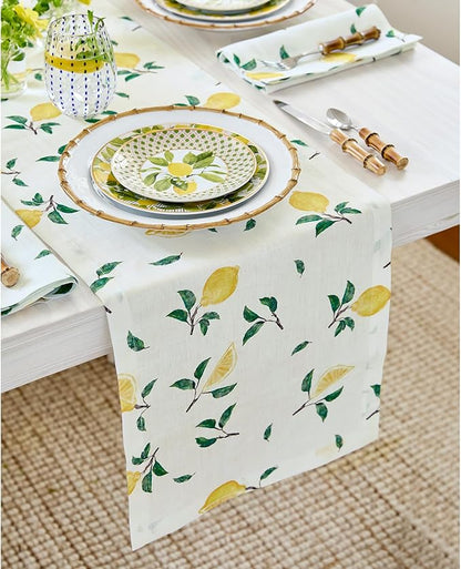 Solino Home Lemon Print Table Runner 72 Inches Long - 100% Pure Linen Table Runner 14 x 72 Inch - Machine Washable - Botanical Lemon/Off White Print