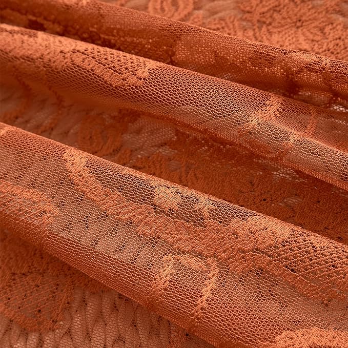 Burnt Orange Lace French Delicacy Curtains 84 Inches Long -Rod Pocket Luxury Vintage Bow Butterfly Flower Sheer Lace Curtains for Living Room Bedroom，52 x 84 Inch, 2 Panels