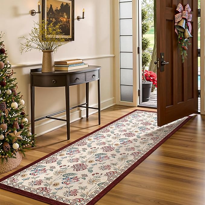 jinchan Elora 3x8 Floral Runner Rug for Hallway Washable Runner Vintage Romance Christmas Design Non Slip Thin Indoor Floor Cover Low-Profile Throw Carpet for Entryway Bathroom Bedroom, Red/Beige