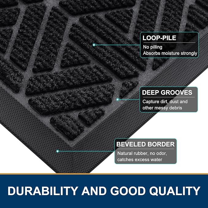 Smiry Front Door Mat Outside Entrance, Heavy Duty Sturdy Natural Rubber Doormat, Trap Dirt and Moisture, Easy Clean Low Profile Mats for Indoor Outdoor Entry, Grid Geometric (59x24, Black)