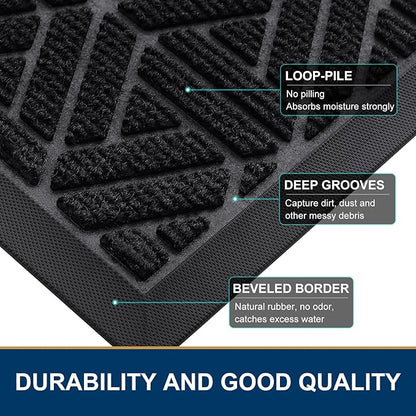 Smiry Front Door Mat Outside Entrance, Heavy Duty Sturdy Natural Rubber Doormat, Trap Dirt and Moisture, Easy Clean Low Profile Mats for Indoor Outdoor Entry, Grid Geometric (36x24, Black)