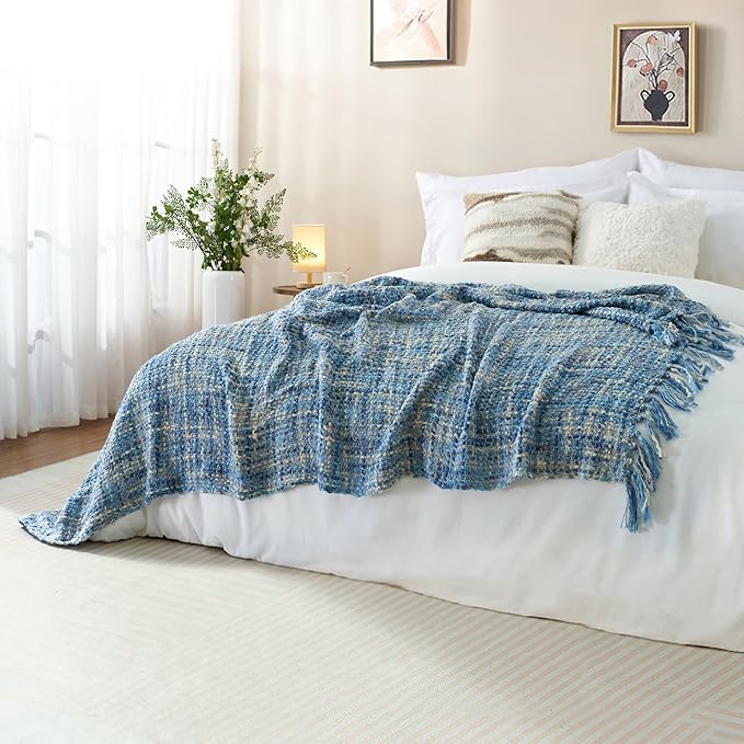 Multi-Color Light Blue Cable Knitted Throw Blanket for Couch,50"X60" Boho Style Textured Blankets for Home Decor,Super Soft Warm Cozy Chunky Knit Blanket with Decorative Tassels for Bed