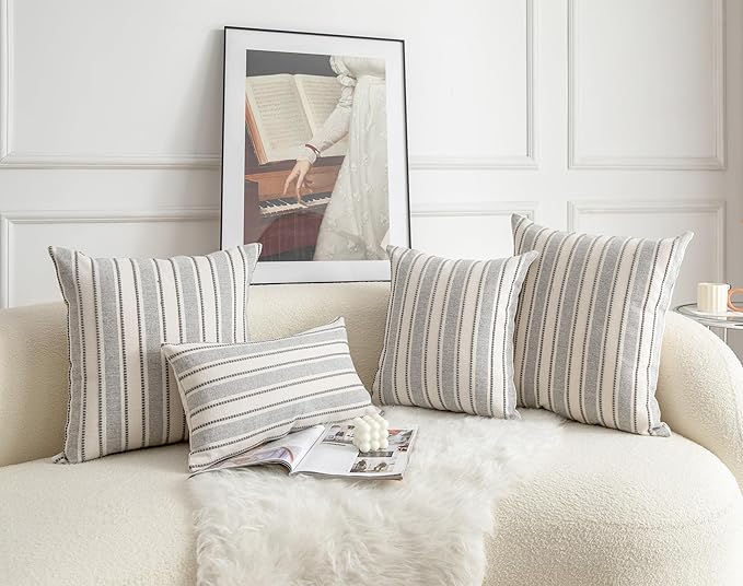 Decorative Boho Throw Pillow Covers, Farmhouse Textured Pillow Case, 18 x 18 Inch Set of 2, Chair Sofa Bedroom Living Room Home Decor Couch Cushion Case, Grey and Beige Striped