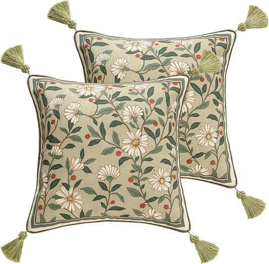 ISAENNE Design Square Green Floral Linen Throw Pillow Covers 18"x18" Pack of 2, White Simple Elegant Daisy Pattern Cushion Covers Decor Pillowcases for Bed,Living Room,Outdoor,Car