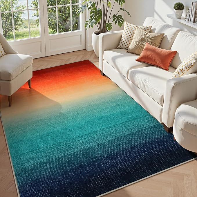 Wonnitar Colorful Area Rug 5x7, Washable Modern Ombre Christmas Rugs for Living Room, Abstract Non-Slip Dining Room Throw Mat, Non-Skid Soft Print Carpet for Bedside Entry Kitchen (Colorful, 5'x7')