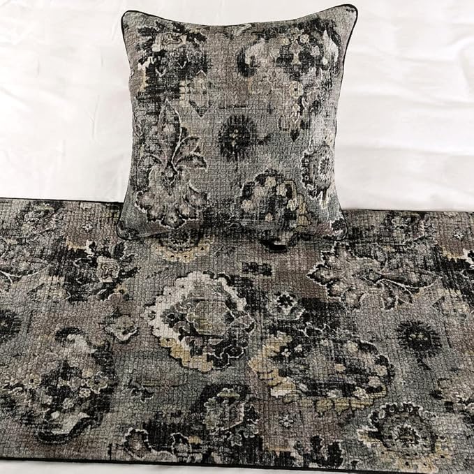 The HomeCentric Luxury Black & Grey Queen 74 x 18 inch Bed Runner with Pillow Cover, Velvet Damask with Tassels Bed Scarf, Abstract Modern - Paved Damask