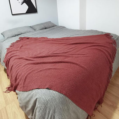 LOMAO Knitted Throw Blanket with Tassels Bubble Textured Soft Blanket Lightweight Throws for Couch Cover Home Decor (Red Mud, 50x60)