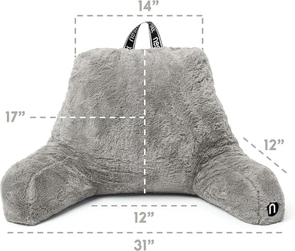 Nestl Fur Reading Pillow with Laptop Lap Desk, Stylish Back Pillow for Sitting Up, Lap Desk with Reading Pillows for Sitting in Bed Adult & Kids, Faux Fur Chair Pillow with Arms - Grey
