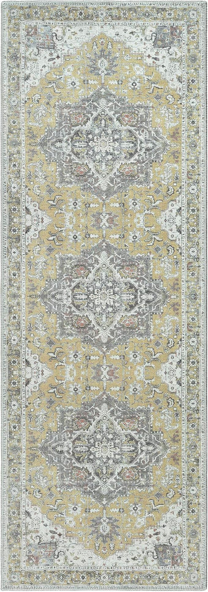 Bloom Rugs Washable Non-Slip 12 ft Runner - Yellow Traditional Medallion Runner for Entryway, Hallway, Bathroom, and Kitchen - Exact Size: 2.5' x 12'