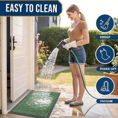 Smiry Front Door Mat Outside Entrance, Heavy Duty Sturdy Natural Rubber Doormat, Trap Dirt and Moisture, Easy Clean Low Profile Mats for Indoor Outdoor Entry, Irregular Triangle (47x32, Green)