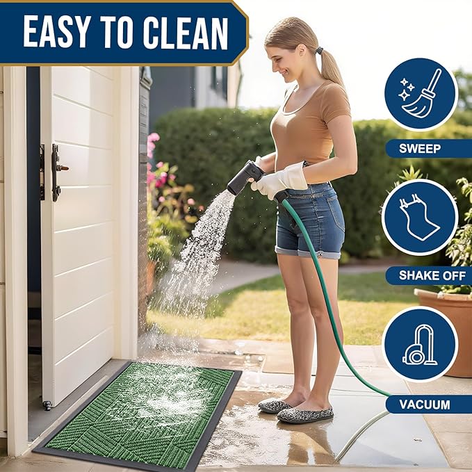 Smiry Front Door Mat Outside Entrance, Heavy Duty Sturdy Natural Rubber Doormat, Trap Dirt and Moisture, Easy Clean Low Profile Mats for Indoor Outdoor Entry, Irregular Triangle (71x24, Green)