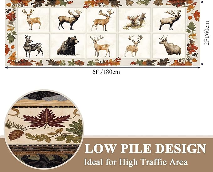 Beige Checkered Maple Bear Elk Hallway Rug 2x4ft Bohemian Vintage Floor Mat for Nursery Farmhouse, Foldable Anti-Fatigue Rug with Crushed Leaf Pattern