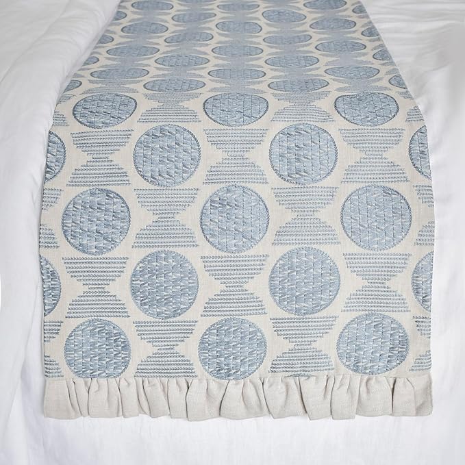 The HomeCentric King/Queen/Twin Blue Decorative Bed Runner King 90"x18" Bed Runner with Two Pillow Cover, Embroidery, Ruffles Bed Scarf on Linen Fabric - Ellara Blue