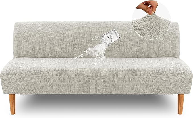 H.VERSAILTEX 100% Waterproof Jacquard Futon Cover Stretch Armless Sofa Cover Soft Futon Slipcover with Elastic Bottom Thick Sofa Bed Furniture Protector Covers for Washable Futon，Pale Oak