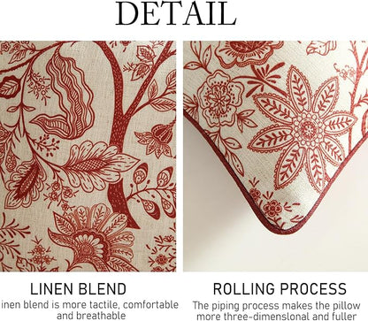 ISAENNE Design Linen Square Throw Pillow Covers 18"x18" Pack of 2, French Country Cushion Covers with Red Toile de Jouy Floral Pattern Decoration Pillowcases for Bed, Living Room, Outdoor, Car