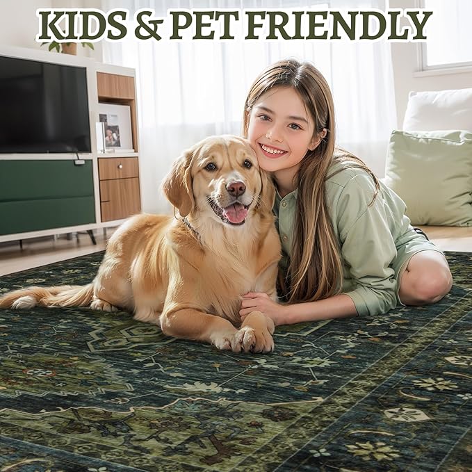 Tangsoo 2x6 Green Washable Runner Rug for Hallways, Non Slip Vintage Runner Rug, Soft Low Pile Long Rug Runner, Print Carpet Runners for Kitchen Bedroom Entryway Bathroom Living Room Olive Green
