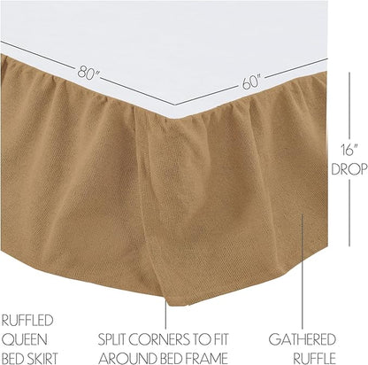 VHC Brands Burlap Solid Color Cotton Farmhouse Split Corners Gathered Queen Bed Skirt, Natural Tan