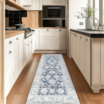 jinchan Fiora Runner Rug 2x6 Machine Washable Hallway Rug Dark Blue Vintage Floral Print Non-Slip Low Pile Ultra-Thin for Kitchen, Entryway, Laundry Room, Bedroom, Farmhouse (2‘x6’, Dark Blue)