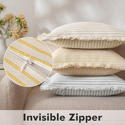 MIULEE Pack of 2 Yellow Pillow Covers 18x18 Inch Striped Farmhouse Couch Throw Pillow Covers with Fringe Chic Cotton Decorative Cushion Covers for Summer Sofa Living Room Bed Outdoor Home Decor