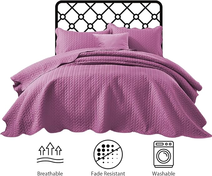 IR Imperial Rooms Queen Quilt Bedding Set Size (90" x 96") + 2 Pillow Shams (20" x 26"+ 2") - 3 Pcs All Season Lightweight Reversible Microfiber Coverlet Embossed Quilt Bedspread (Purple)
