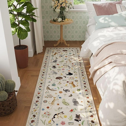 Rugcomf Runners for Kitchen Runner Rug Non Slip 2'x10' Long Washable Rugs with Rubber Backing Soft Floral Animal Cat Carpet Runner for Kitchen Laundry Bedroom Bathroom, Beige