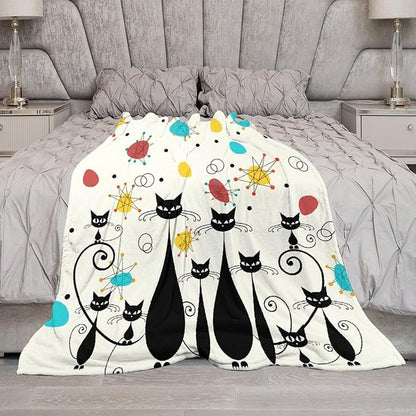 Mid Century Modern Throw Blanket, Atomic Black Cat Starbursts Iconic Sputnik Retro Abstract Geometric 1950s 1960s Throw for Adults Kids Pet, Beige Black 60"x80"