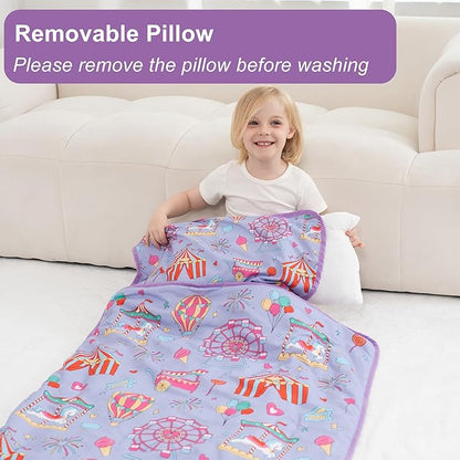 Viviland Toddler Nap Mat, Rolled Sleeping Mats with Pillow and Minky Dot Blanket, Large Thick Kids Girls Slumber Bag/Sleeping Mat for Preschool, Daycare, Kindergarten, Travel Camping