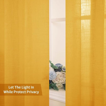 MIULEE 2 Panels Natural Linen Sheer Window Curtains Elegant Mustard Yellow Fall Drapes Grommet Top Window Voile Panels Linen Textured Panels for Bedroom Living Room (52X90 Inch)