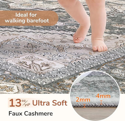 OPPODREAM Thin 10x14 Area Rugs, Washable Rugs 10x14 with Non Slip Backing, Low-Pile Faux Cashmere 10 x 14 Carpet, Greenish Grey