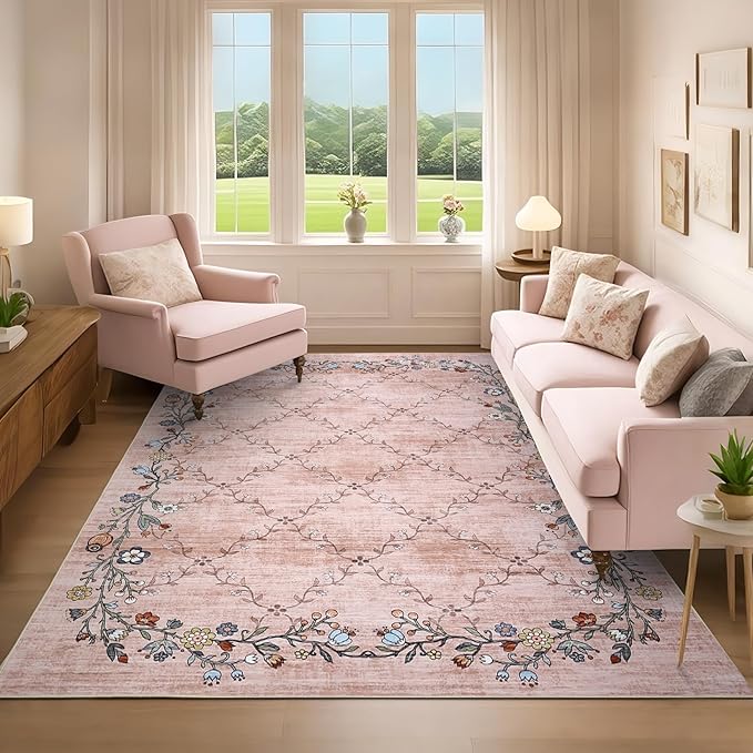 GarveeHome 4x6 Washable Floral Area Rugs for Living Room: Modern Floral Non Slip Large Area Rugs for Bedroom, Large Machine Washable Living Room Low Pile Carpet with Non-Slip Backing Pink 4 ft x6 ft.