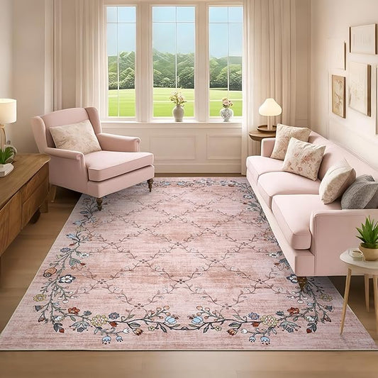 GarveeHome 10x13 Washable Floral Area Rugs for Living Room: Modern Floral Non Slip Large Area Rugs for Bedroom, Large Machine Washable Living Room Low Pile Carpet with Non-Slip Backing Pink 10'x13'.