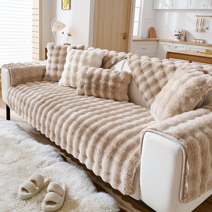 Faux Fur Decorative Throw Pillow Cover Plush Thick Bubble Pillow Covers Luxury Soft Cozy Accent Pillowcase for Spring Sofa Living Room Couch Bed (Khaki,12"x20")