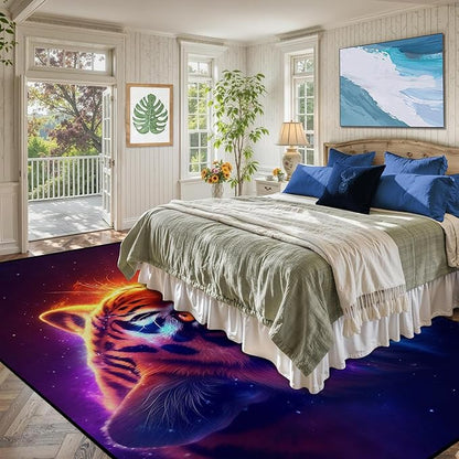 6' x 9' Galaxy Tiger Rug Large 3D Fierce Tigers Space Area Rugs for Bedroom Living Room Playroom Gameroom Boys Kids Fire Glitter Carpet Throw Rugs Floor Mat,180 X 275cm