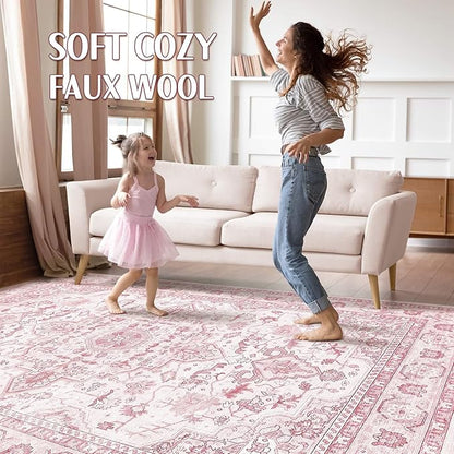 Pink Rugs for Bedroom Girls: 8x10 Washable Boho Large Neutral Cute Soft Area Rug Stain Resistant Floral Farmhouse Non Slip Indoor Floor Carpet for Living Room Nursery Kids Playroom Preppy Room Dorm
