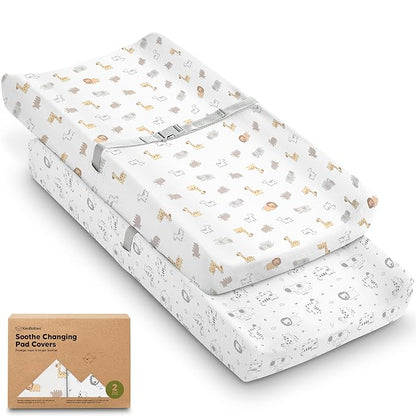 2-Pack Organic Changing Pad Covers for Girl, Boy, Neutral - 100% Cotton Changing Table Pad Cover, Soft Baby Nursery Diaper Changing Pad Sheets,Contour Changing Pads Liners,Change Pad Cover (KeaSafari)