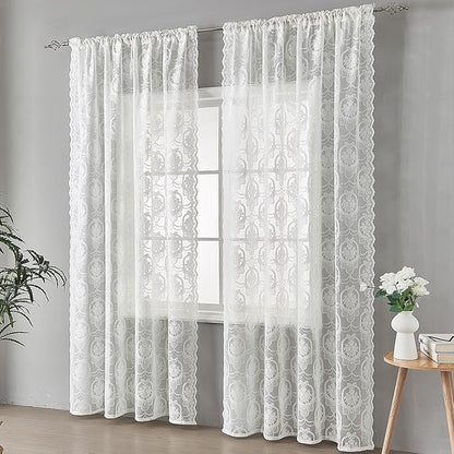 Bright White Vintage Country Floral Lace Sheer Curtains 84 Inches Long -Rod Pocket Light Filtering French Privacy Scalloped Edges Rod Pocket Boho Bedroom ，52 x 84 Inch, 2 Panels