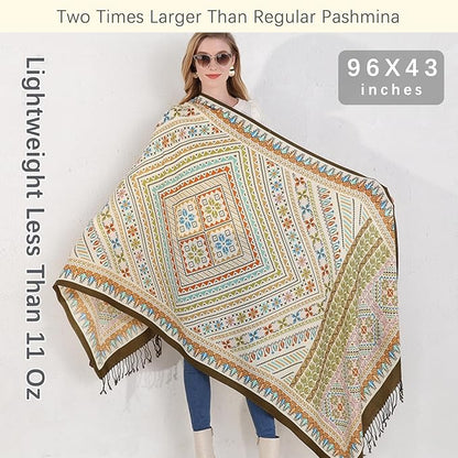 DANA XU 100% Merino Wool Pashmina Shawl for Women 96"x43", Oversized Cashmere Wrap with Tassels, Floral Travel Blanket Cape